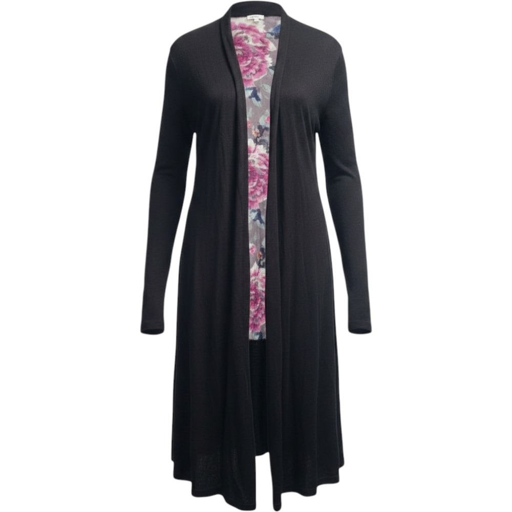 Ted Baker London Black Floral Silk Back Longline Cardigan Open Front Size 2 M